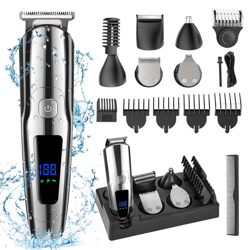14 in 1 Electric Beard Trimmer - IPX7 Waterproof USB Rechargeable & Cordless Groomer Kit W/ LED Display