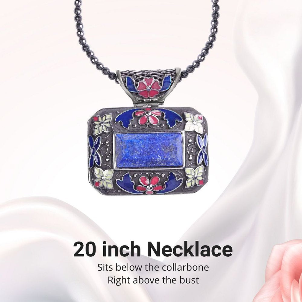Blue Lapis Lazuli Necklace for Women Flower Hematite Beads Pendant Jewelry Chain 20" Birthday Mothers Day Gifts for Mom