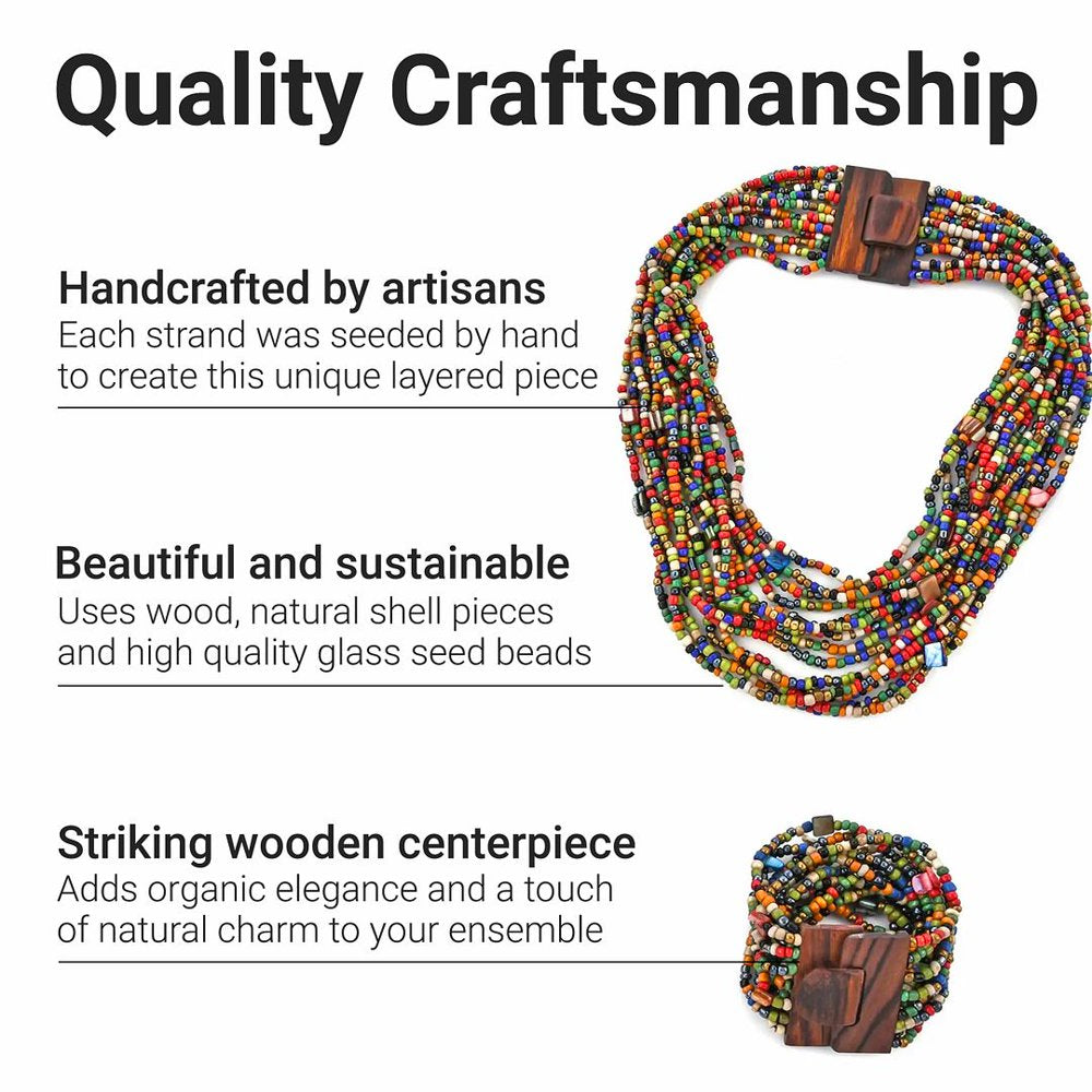 Handmade Seed Bead Wooden Buckle Stretchable Bracelet Multi Strand Boho Necklace Jewelry Set Women 18" Birthday Mothers Day Gifts for Mom