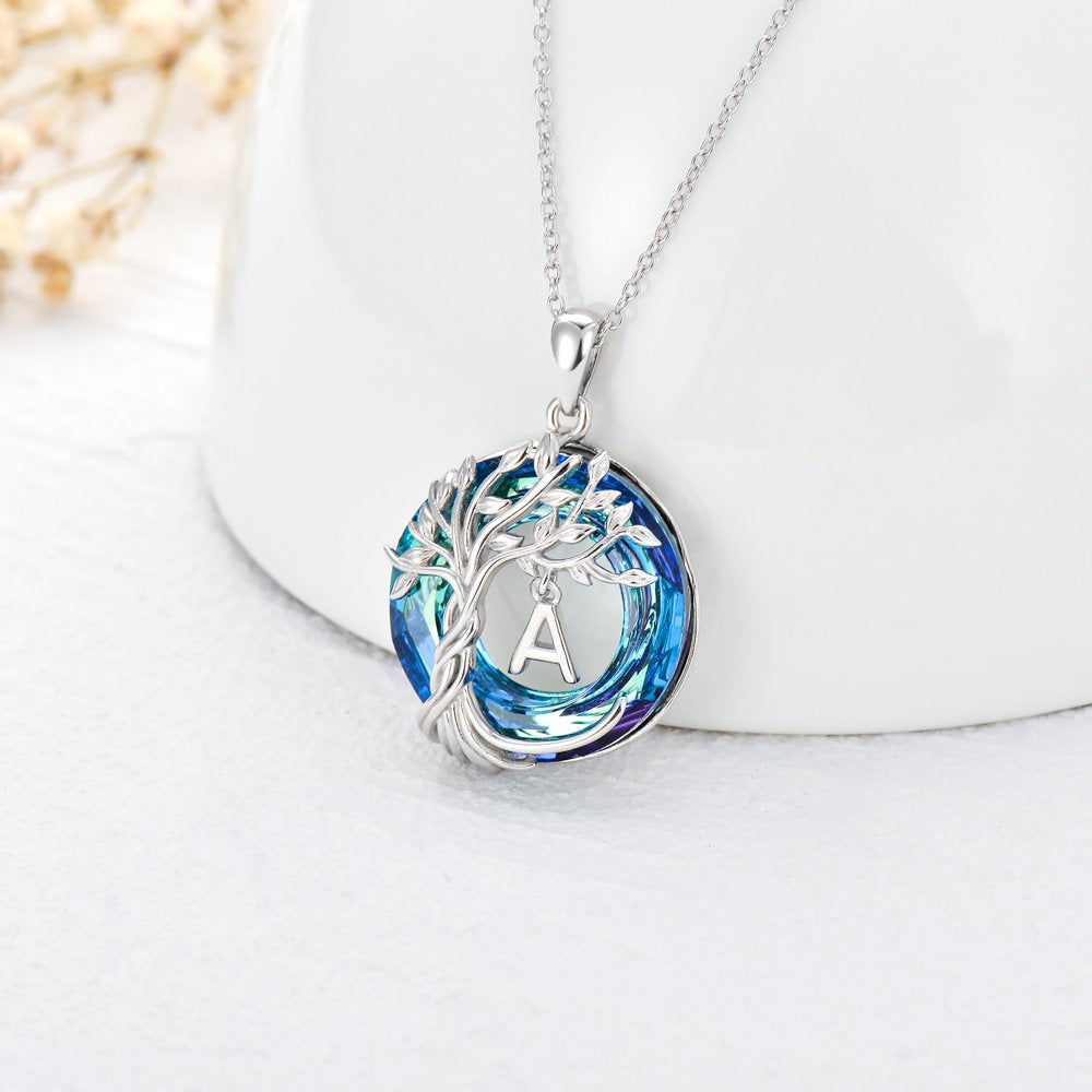 Mother's Day Gifts for Mother Tree of Life Necklace Sterling Silver Initial A Letter Blue Crystal Pendant Necklace Jewelry Gifts for Women Daughter Girls Wife Girlfriend Birthday Graduation