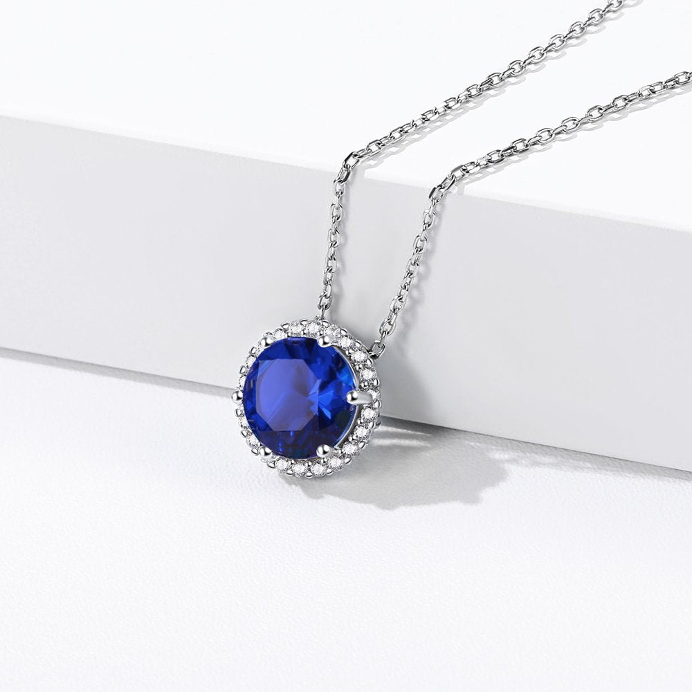 Halo Necklace 925 Sterling Silver Necklace with September Sapphire Birthstone Necklace Birthday Gift for Mom