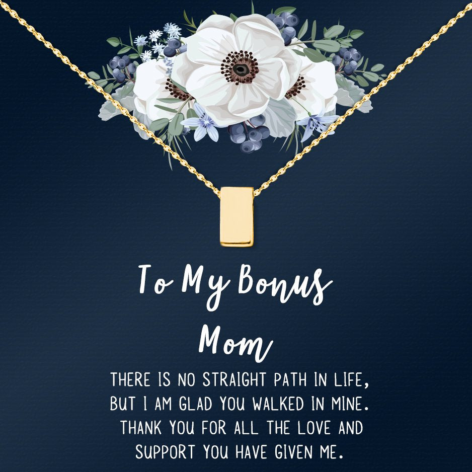 To My Bonus Mom Mother's Day Necklace, Bonus Mom Cube Necklace, Mother's Day Gift for Step Mom, Necklace and Card Gift for Step Mom [Silver, No-Personalized Card]