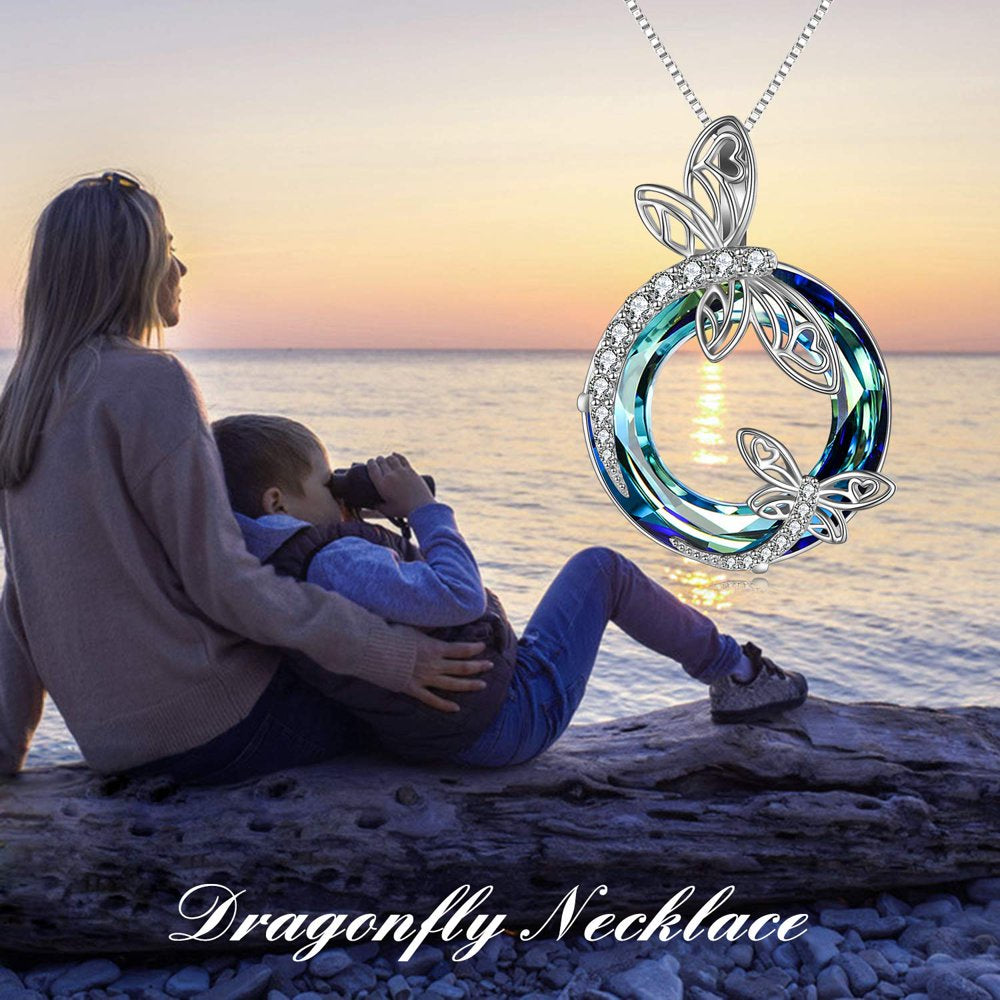 Mother's Day Gifts Dragonfly Gifts S925 Sterling Silver Dragonfly Pendant Necklaces with Blue Crystal Dragonfly Jewelry Gifts for Women Mom Wife Grandma Birthday Dragonfly Lovers Gifts