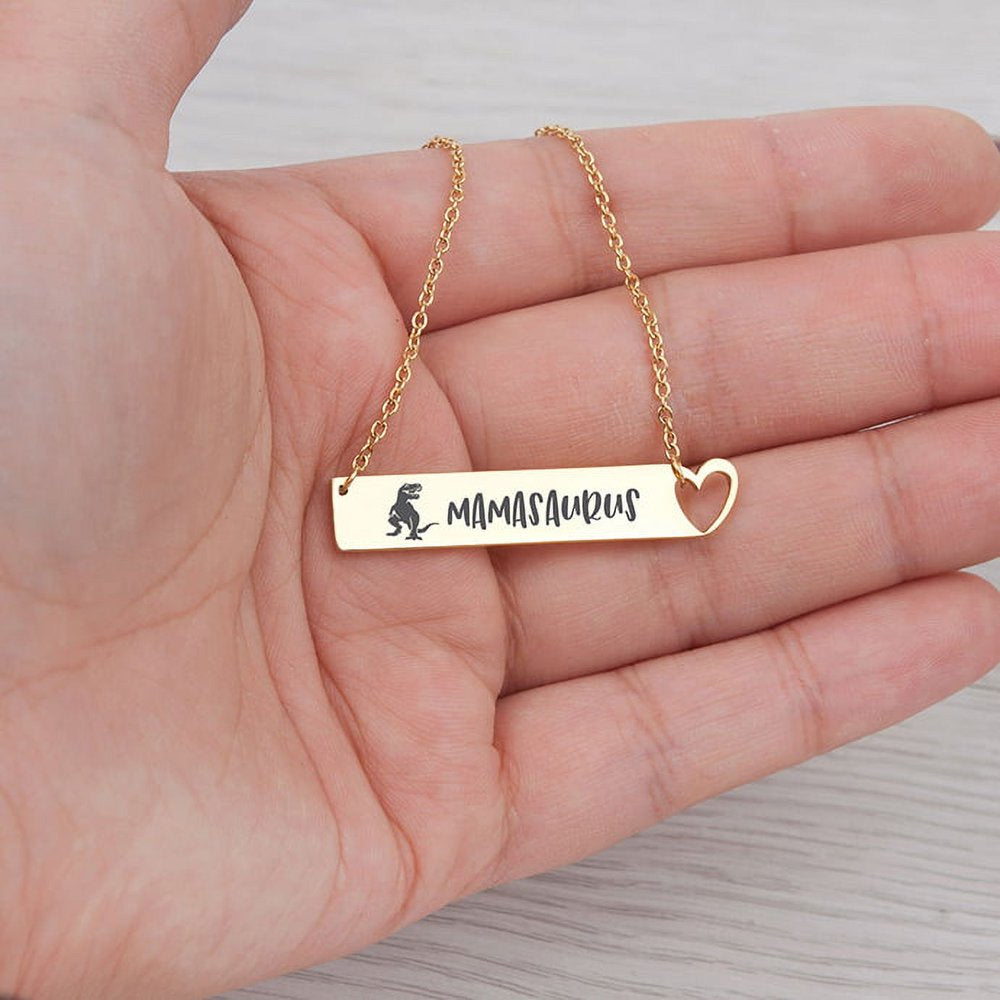 Mother's Day Gift for Mom, Mamasaurus Bar Necklace, Heart Bar Necklace, Gold Mamasaurus Bar Mother's Day Necklace, Mom to be Mother's Day Gift, Gift for Her, Mom Gift, Mother's Day Present [Gold]