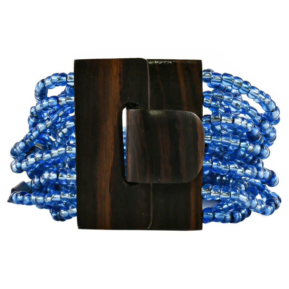 Handmade Blue Seed Bead Boho Costume Jewelry Set for Women Stretchable Beaded Bracelet Statement Necklace Multi Strand Layered Wooden Buckle Clasp Size 18" & 6.5" to 7.5" Birthday Mothers Day
