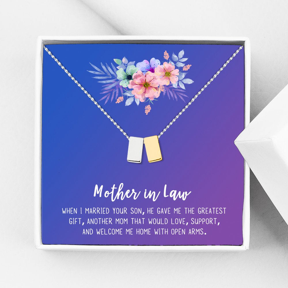 Mother in Law Gift, Mother of the Groom Gift, Jewelry and Card Gift for Mother in Law, Mother's Day Gift, Necklace and Card Gift [Silver and Rose Gold Cube,Blue-Green Gradient]
