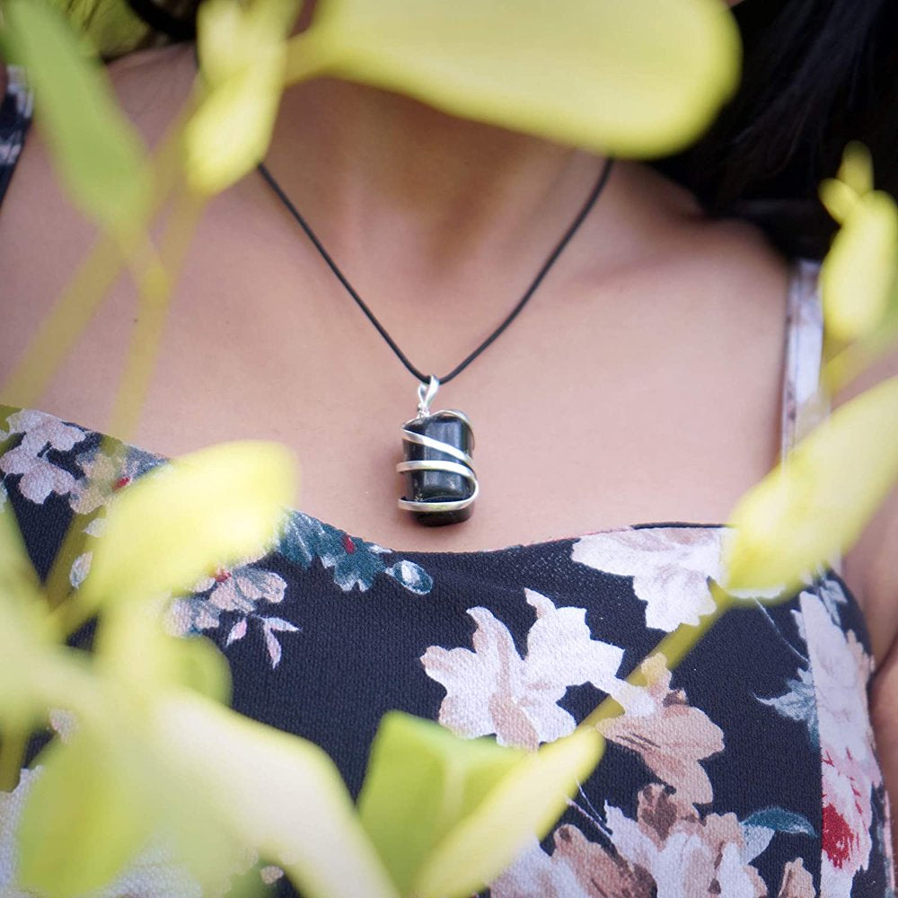 Raw Black Tourmaline Crystal Healing Pendant Necklace - Premium Carrying Pouch - Best Gifts for Moms