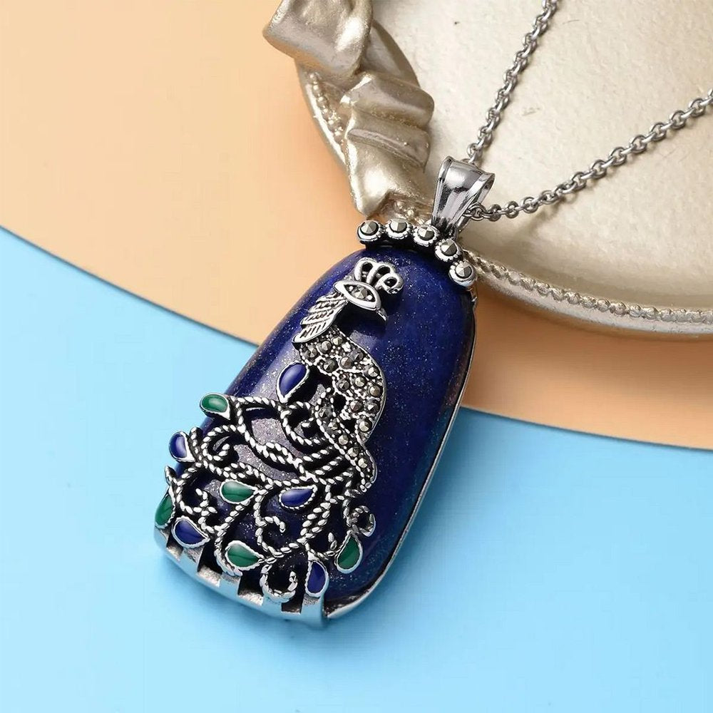 Women Lapis Lazuli Marcasite Peacock Chain Blue Necklace Pendant Jewelry 20"