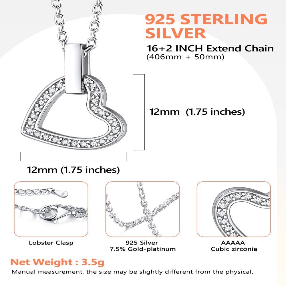 Women Sterling Silver Necklace with Cubic Zirconia, Heart Love Pendant Necklace Layering Necklace Gift for Mom Wife Girlfriend