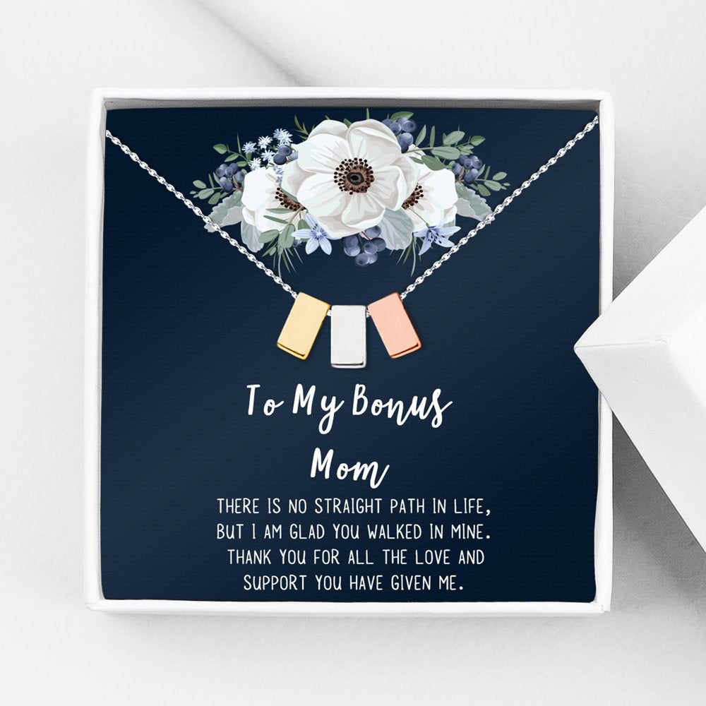 To My Bonus Mom Mother's Day Necklace, Bonus Mom Cube Necklace, Mother's Day Gift for Step Mom, Necklace and Card Gift for Step Mom [Silver, No-Personalized Card]