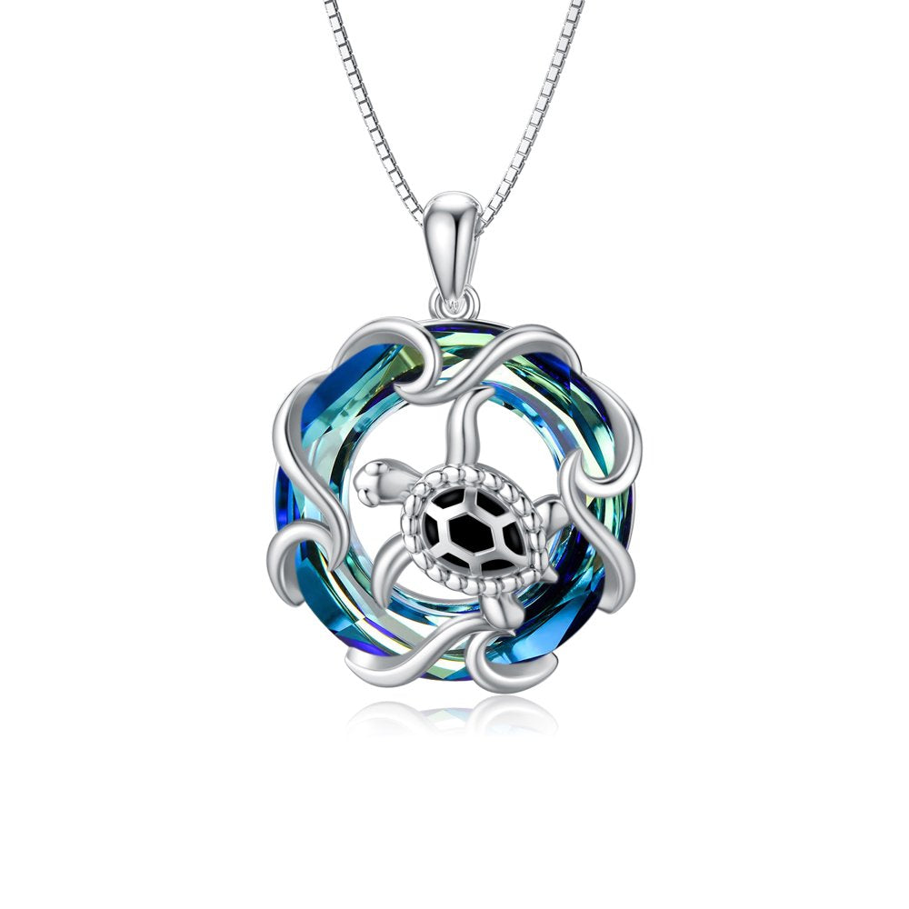 Sea Turtle Jewelry S925 Sterling Silver Ocean Beach Mother Child Turtle with Blue Crystal Necklaces Gift for Women Her Girl Mom Daughter Grandma Birthday Anniversary Mother's Day