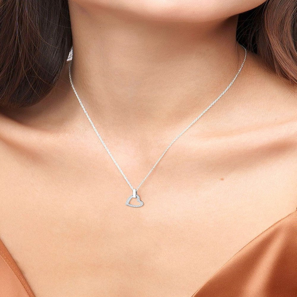 Women Sterling Silver Necklace with Cubic Zirconia, Heart Love Pendant Necklace Layering Necklace Gift for Mom Wife Girlfriend