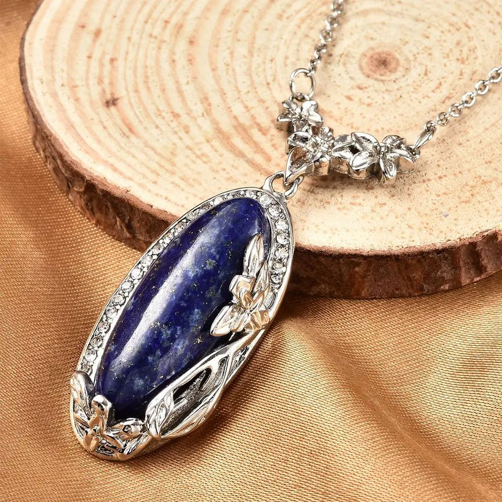 Natural Blue Lapis Lazuli Necklace for Women Flower Pendant Stone Healing Crystal Jewelry Chain 20"