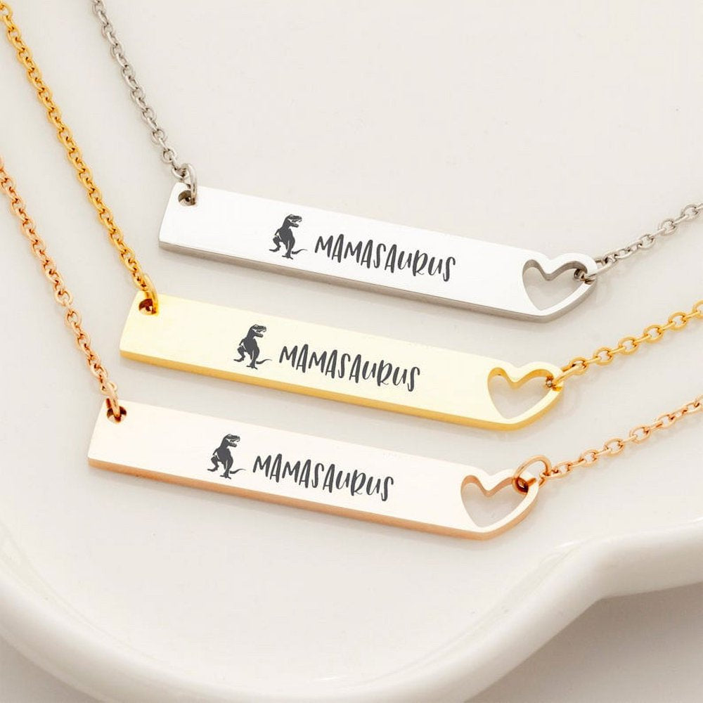 Mother's Day Gift for Mom, Mamasaurus Bar Necklace, Heart Bar Necklace, Silver Mamasaurus Bar Mother's Day Necklace, Mom to be Mother's Day Gift, Gift for Her, Mom Gift, Mother's Day Present [Silver]
