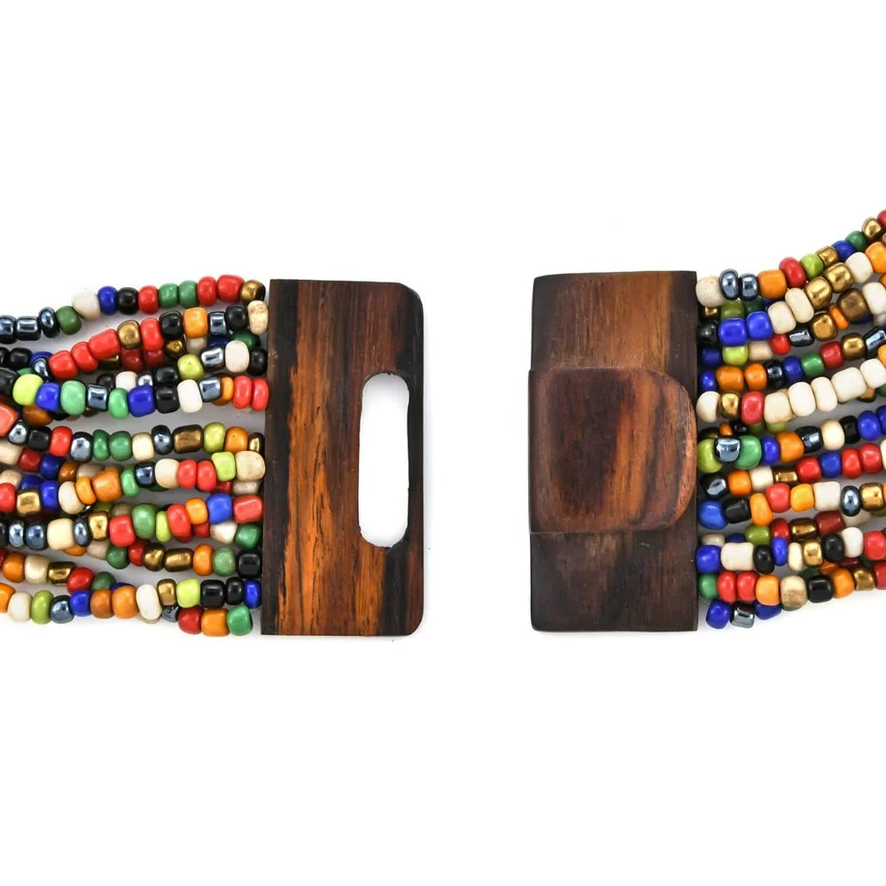 Handmade Seed Bead Wooden Buckle Stretchable Bracelet Multi Strand Boho Necklace Jewelry Set Women 18" Birthday Mothers Day Gifts for Mom