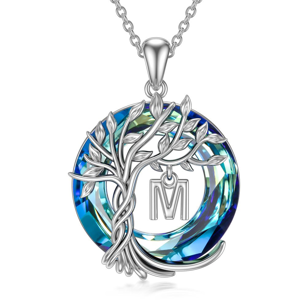 Mother's Day Gifts for Mother Tree of Life Necklace Sterling Silver Initial A Letter Blue Crystal Pendant Necklace Jewelry Gifts for Women Daughter Girls Wife Girlfriend Birthday Graduation