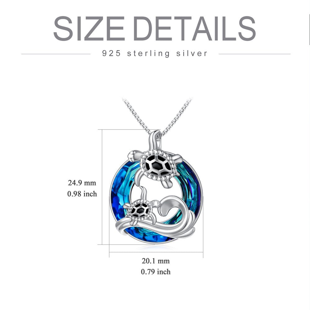 Sea Turtle Jewelry S925 Sterling Silver Ocean Beach Mother Child Turtle with Blue Crystal Necklaces Gift for Women Her Girl Mom Daughter Grandma Birthday Anniversary Mother's Day