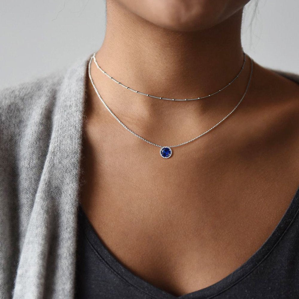 Halo Necklace 925 Sterling Silver Necklace with September Sapphire Birthstone Necklace Birthday Gift for Mom