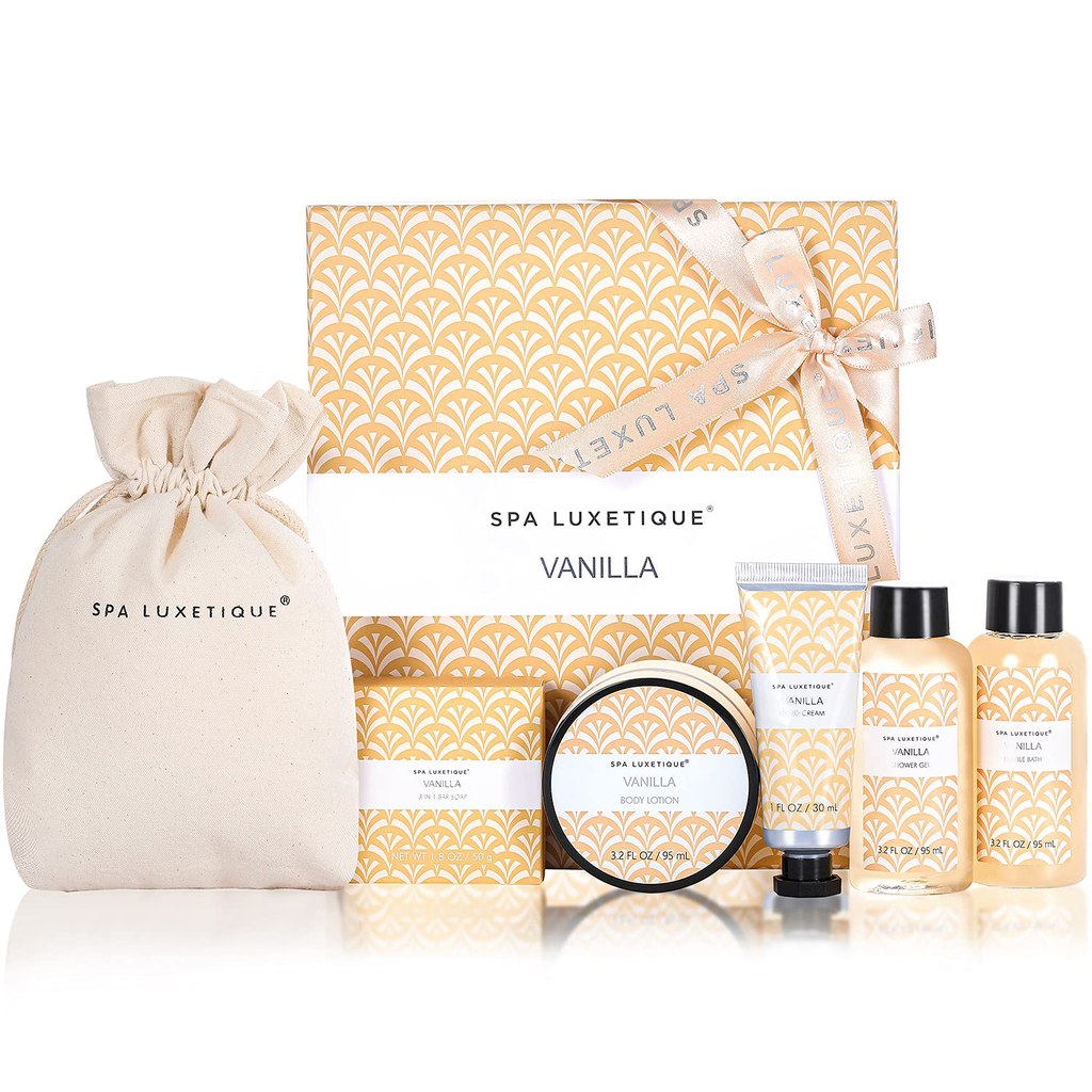 Spa Luxetique Spa Gift Box for Women, Vanilla Spa Gift Basket, 6 Pcs Bath and Body Gift Set Includes Body Lotion, Shower Gel, Bubble Bath, Hand Cream, Travel Bag. Christmas Gifts for Women.