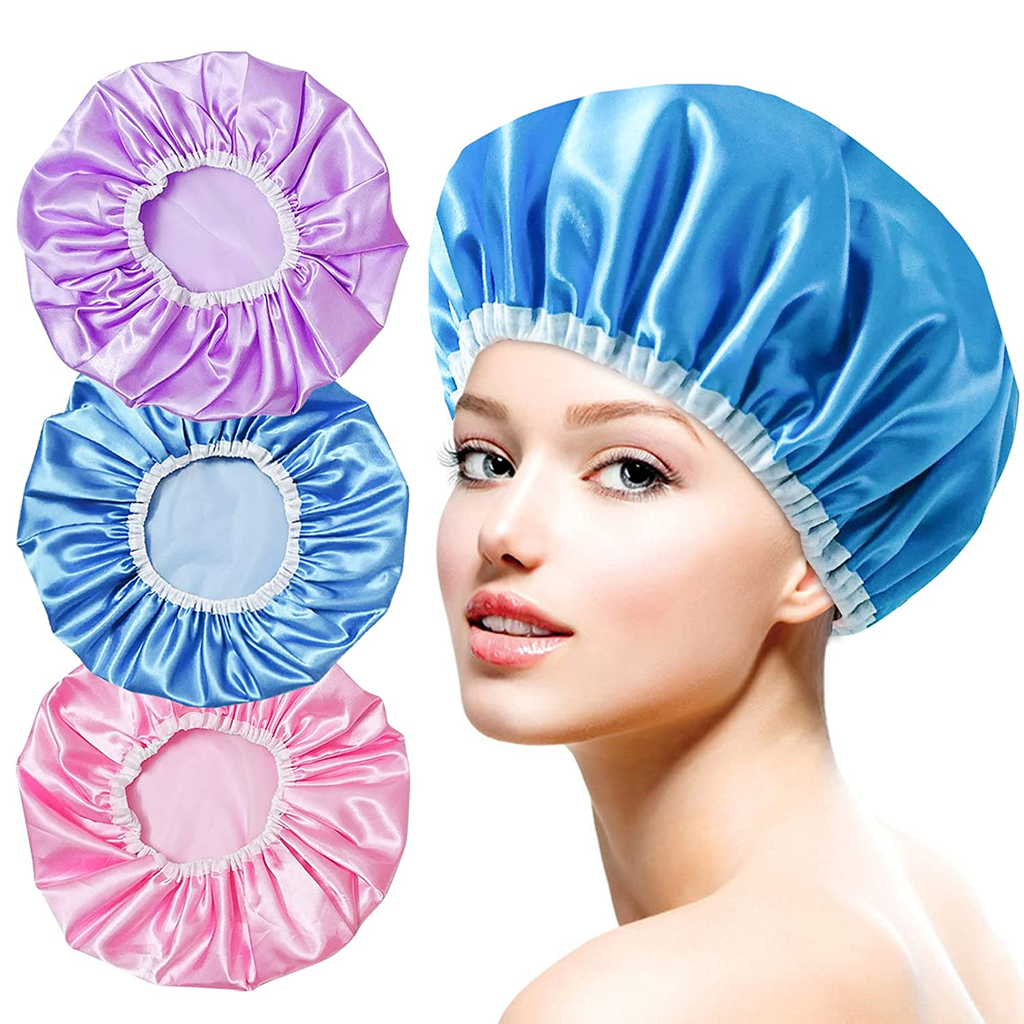 Shower Cap, 3 Pack Shower Caps for Women, Beauty Salon Spa Shower Caps, Double Waterproof Layers Bathing Shower Hat Hair Protection EVA Shower Caps Reusable, Medium Size