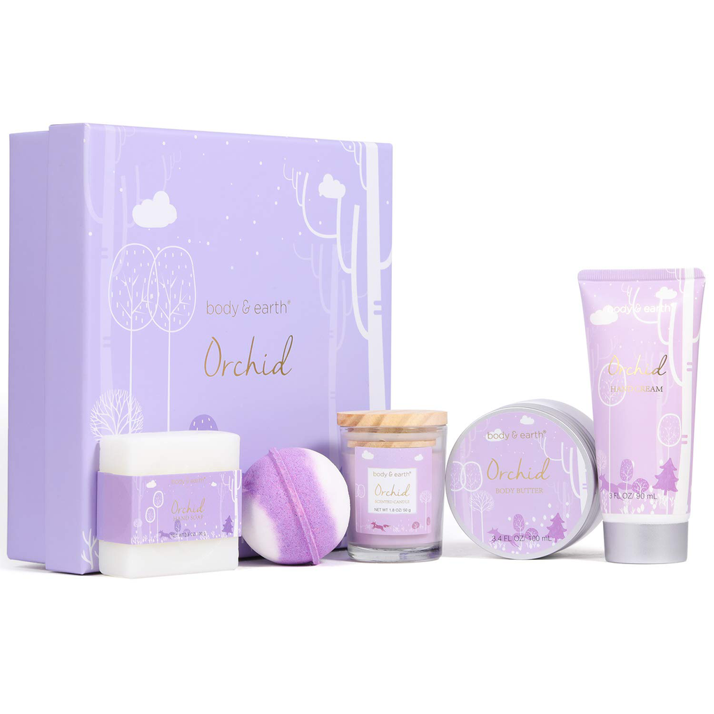 Bath Gifts for Women - Gift Set for Women Body & Earth 5 Piece Body Spa Bath Set Gift Baskets with Orchid Scented Candle, Body Butter, Hand Cream, Bath Bar and Bath Bomb, Christmas Gift for Women