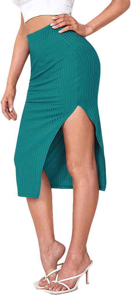 SheIn Women's Slit Midi Skirt Split Bodycon Pencil Ribbed Knit Midi Skirts