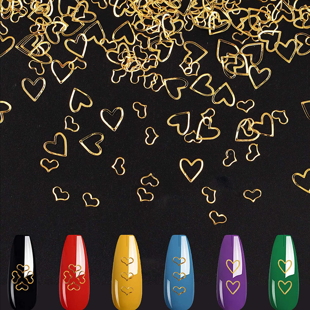 Gukasxi 1000Pcs Gold Metal Nail Art Studs Set Metal Nail Micro Beads Studs 3D Nails Supply Gold Art Decorations Charms Heart Rivet in 2 Sizes for Fingernails & Toenails Decor
