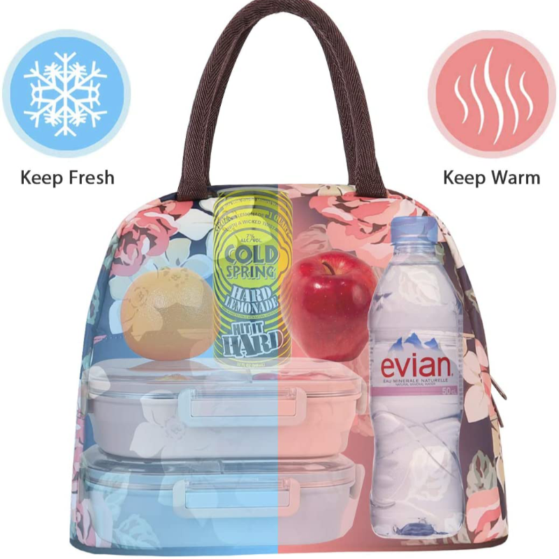 Women's Reusable Insulated Lunch Bag With Front Pocket And Zipper Closure 