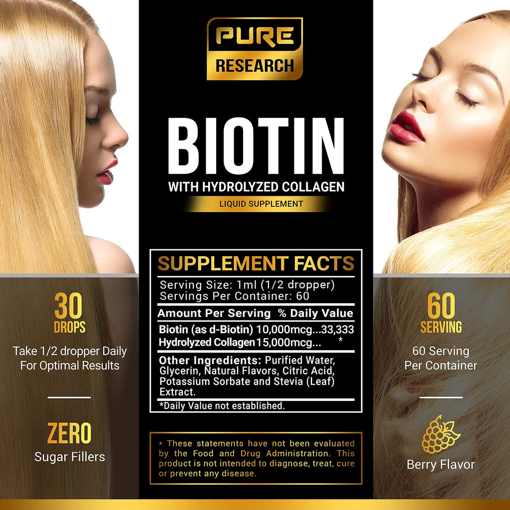 Biotin & Collagen Drops 25,000Mcg for Hair Growth Support. Liquid Biotin Supplement for Best Absorption. Strong Nails, Glowing Skin, Healthy Hair Growth for Men & Women