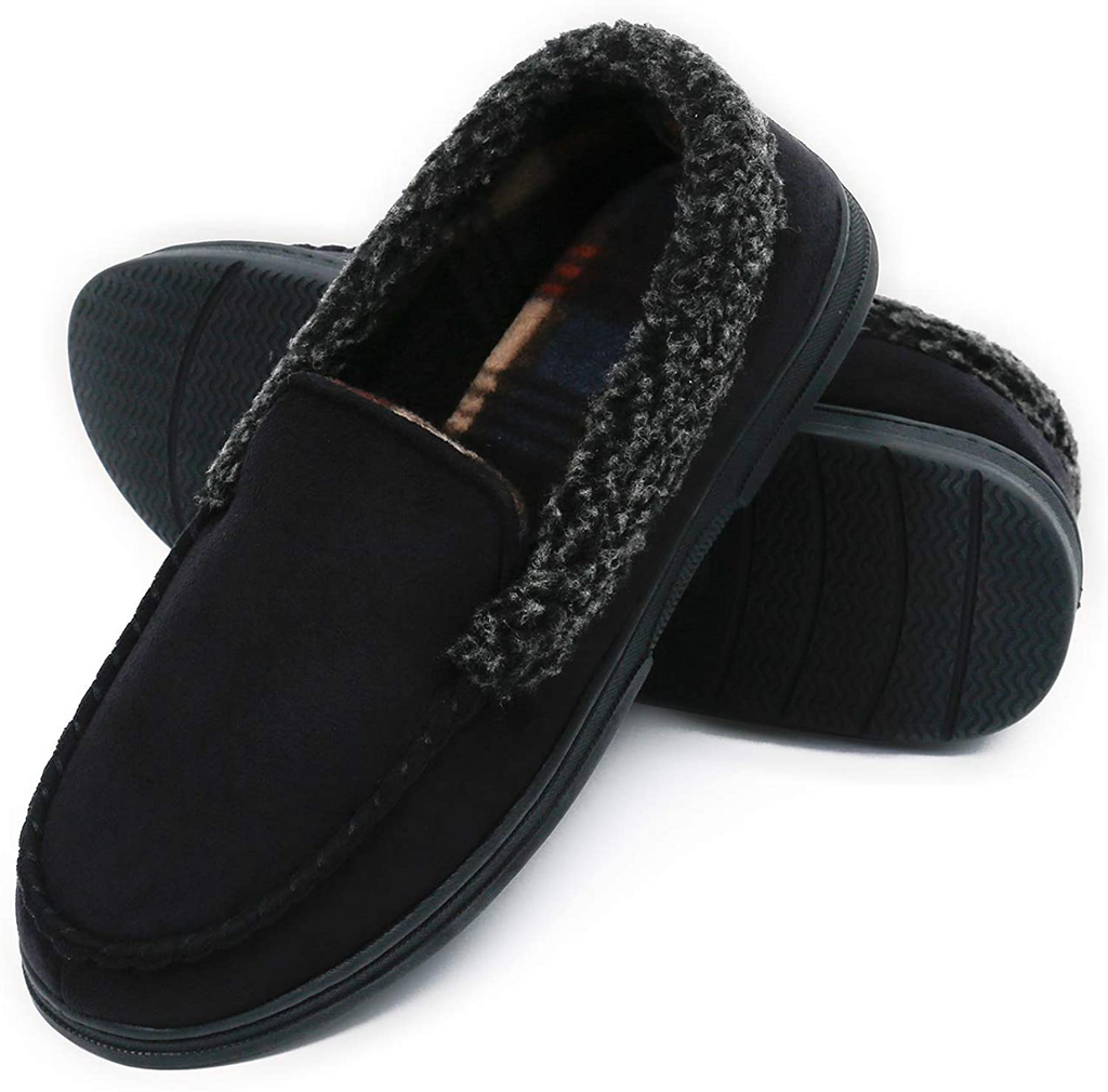 mysoft Men's Moccasin Slippers Memory Foam Warm Cotton Winter House Shoes Anti-Slip Sole Indoor/Outdoor