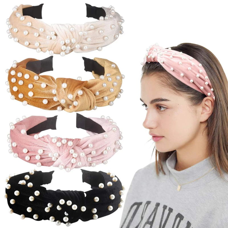 4 Pack Wide Knot Velvet Headband With Faux Pearl And Elastic Hoops