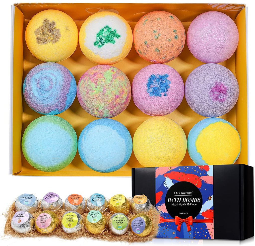 12Pc Large Size Organic Bath Bombs Gift Set, Handmade Double-Layer Color, Rich Bubble Bath Bomb to Moisturize Skin with Essential Oil & Coconut Oil & Shea Butter, Perfect Gift for Women, Men, Kids