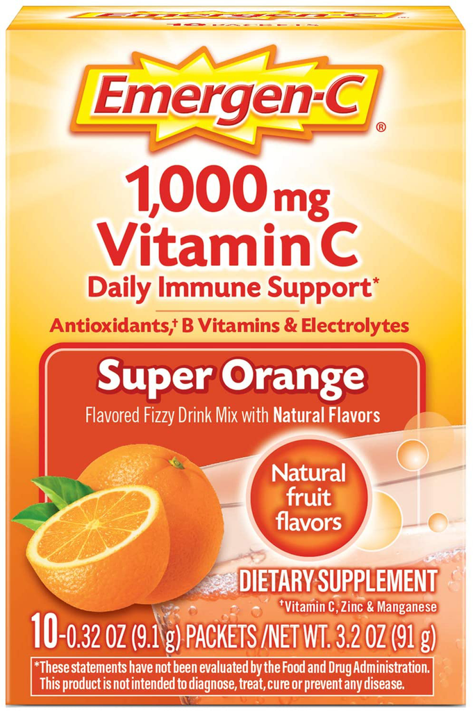 Emergen-C Vitamin C 1000mg Powder (10 Count, Super Orange Flavor), With Antioxidants, B Vitamins And Electrolytes, Dietary Supplement Fizzy Drink Mix, Caffeine Free