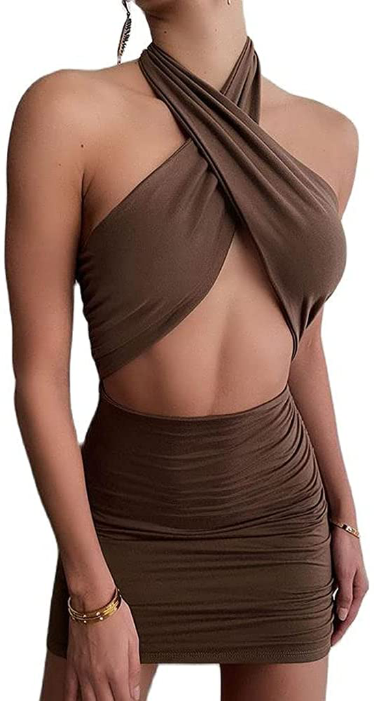XLLAIS Women Sexy Club Dress Halter Criss Cross Ruched Sleeveless Mini Bodycon Dresses Beachwear