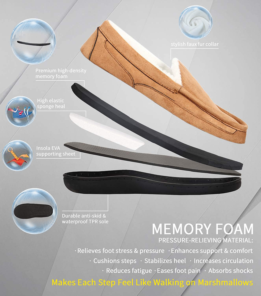 Men's Warm Memory Foam Moccasin Slippers with Fleece Lining 