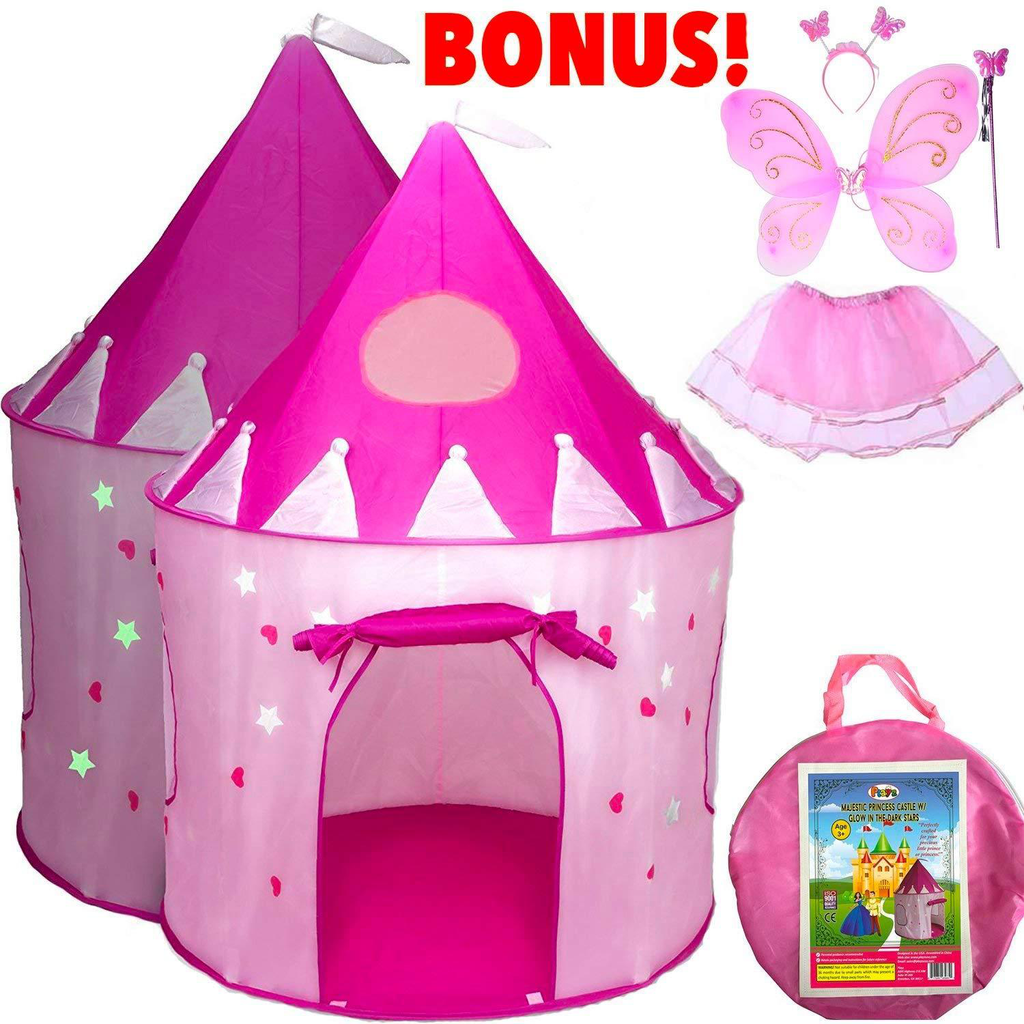 5-Piece Princess Castle Girls Play Tent w/ Glow in The Dark Stars &amp; Butterfly Fairy Dress Up Costume - Childrens Play Tents for Indoor &amp; Outdoor Use with Pink Girls Playhouse Fairy