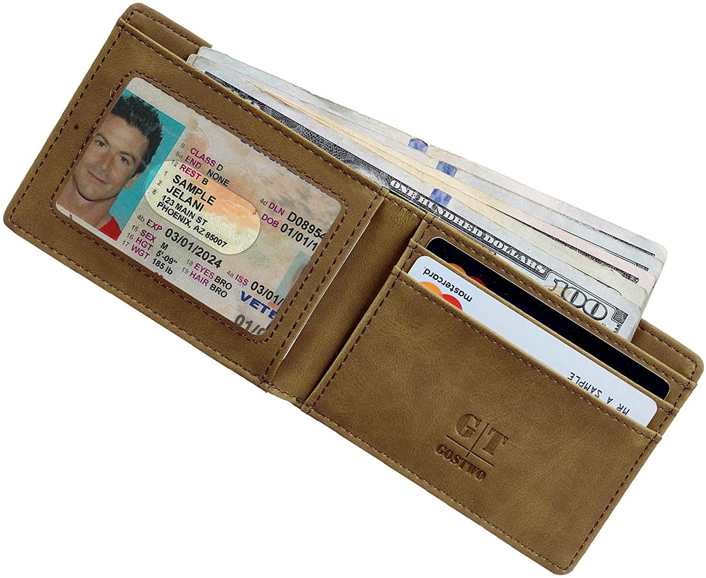 Gostwo Mens Slim Minimalist Front Pocket Wallet Genuine Leather ID Window Card Case RFID Blocking (Khaki)