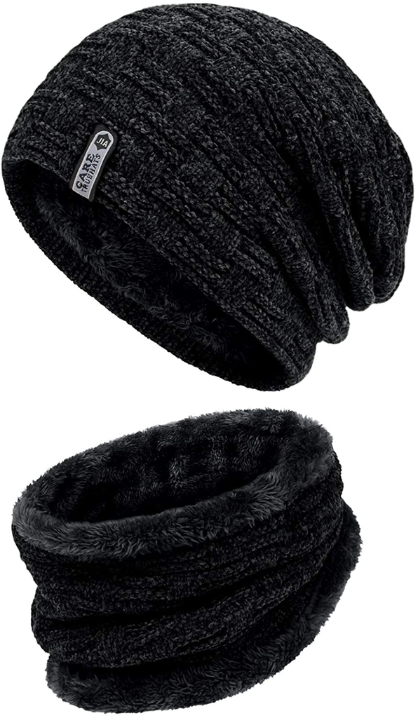 2 Piece Fleece Lined Winter Beanie Hat and Scarf Set for Men and Women