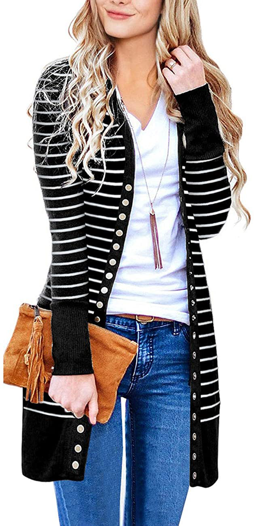 MEROKEETY Women's Long Sleeve Snap Button Down Solid Color Knit Ribbed Neckline Cardigans