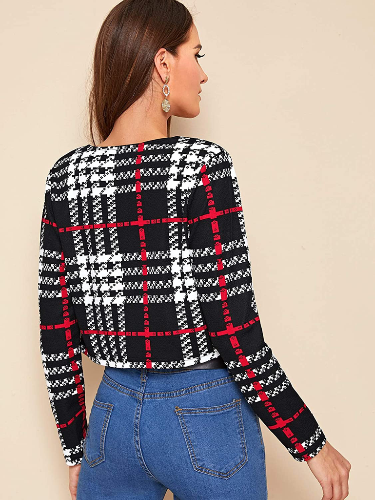 MakeMeChic Women's Casual Grid Print Long Sleeve Open Front Blazer Crop Top