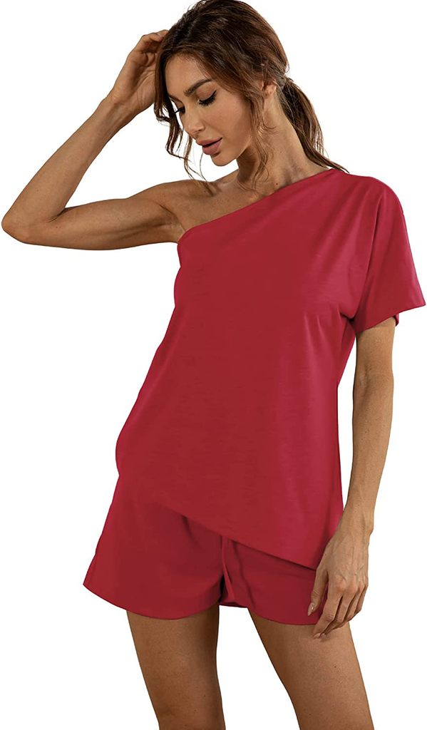 LYANER Women's 2 Piece One Shoulder Short Sleeve Top Shorts Loose Outfits Set