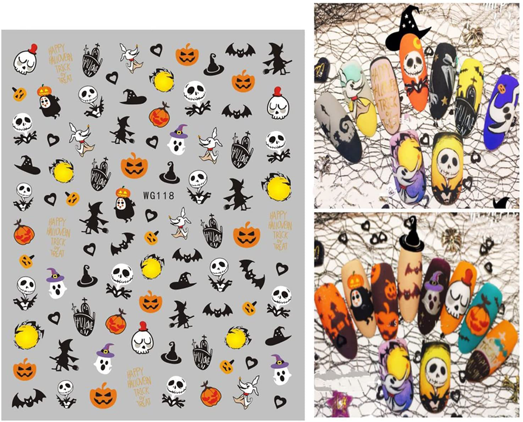 Halloween Nail Art Stickers Decals 6 Sheets Skull Pumpkin Spider Bat Ghost Witch Blood Nail Art Stickers Self Adhesive Fingernails Decorations DIY Nail Art Tips Accessories