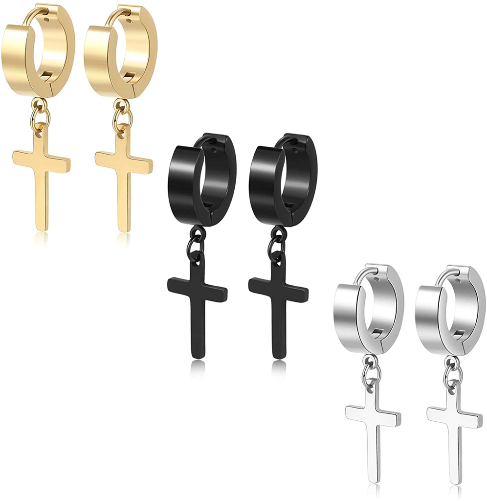 TXPFF 3 Pairs of Cross Earrings Dangle Hinged Men Earrings Stainless Steel Cross hoop Earrings for Men and Women ,Silver,Gold ,Black