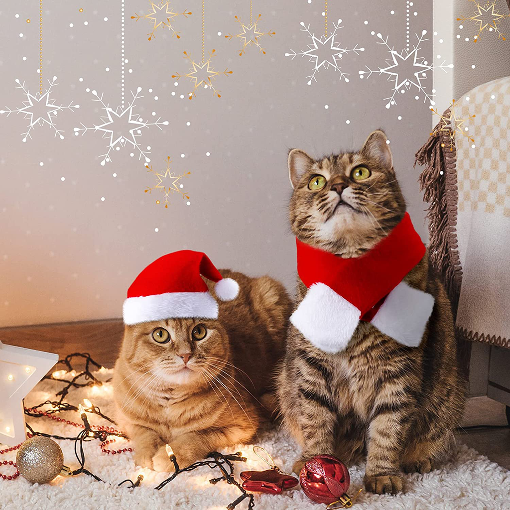 4 Pieces Christmas Cat Costumes Set Cat Santa Hats with Scarf and Collar Xmas Cat Outfit for Cats Small Dogs Puppy Tiny Pets Christmas Muffler Head Wear Accessories