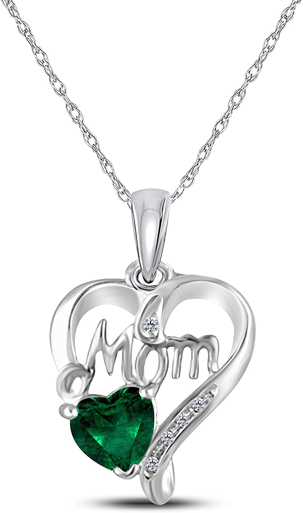 Heart Necklace 14K White Gold Plated 925 Sterling Silver Mom Pendant Necklace Love Emerald Heart Necklace