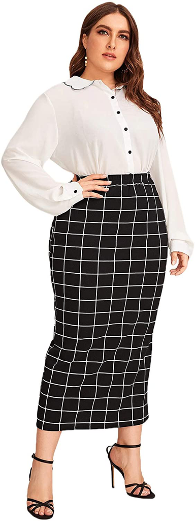 Verdusa Women's Plus Size Plaid Print Elastic Waist Bodycon Long Skirt