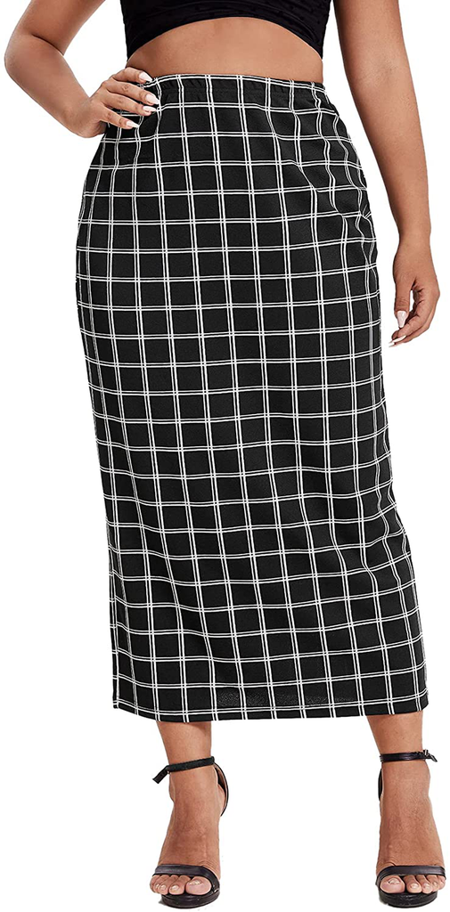 Verdusa Women's Plus Size Plaid Print Elastic Waist Bodycon Long Skirt