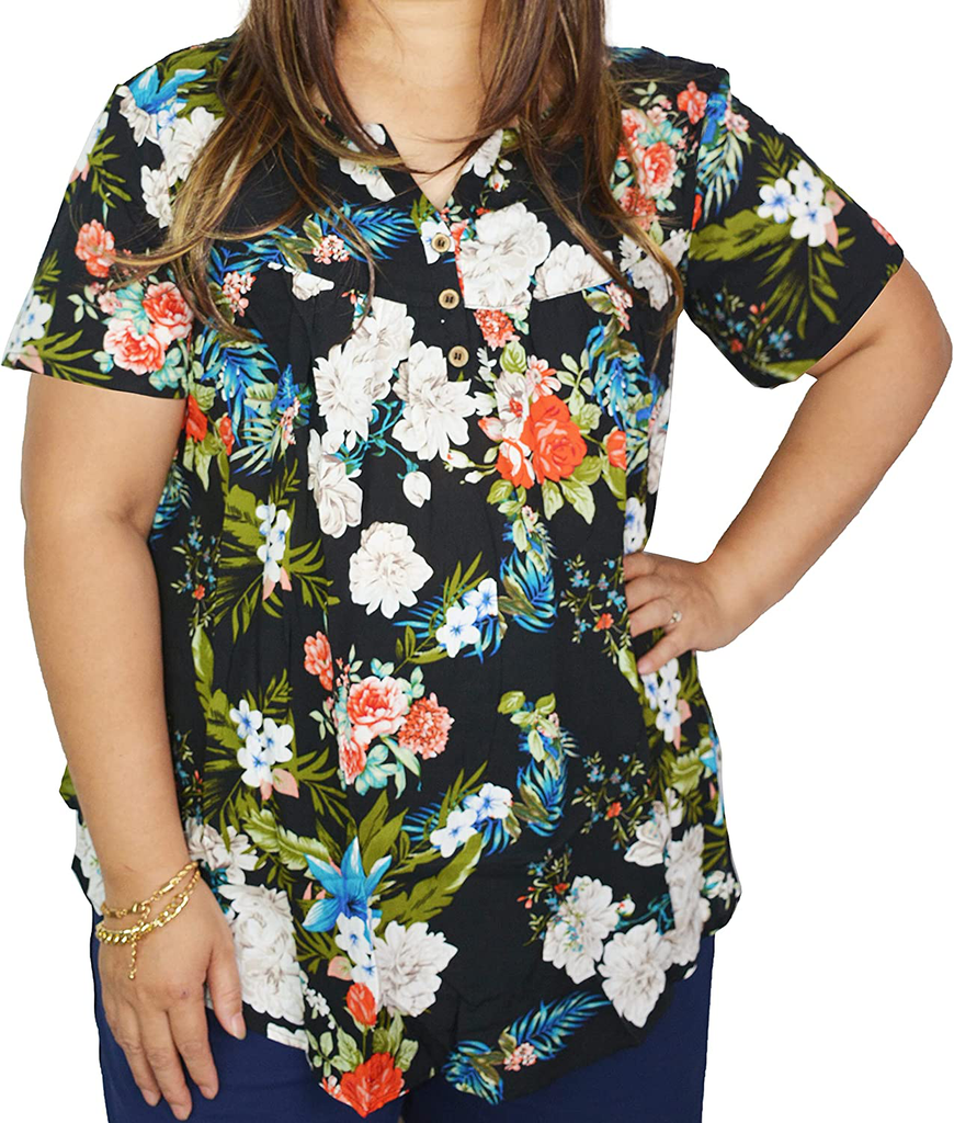 Women's Plus Size Floral Blouses Henley V Neck Button Up Top Ruffle Flowy Short Sleeve Tunics