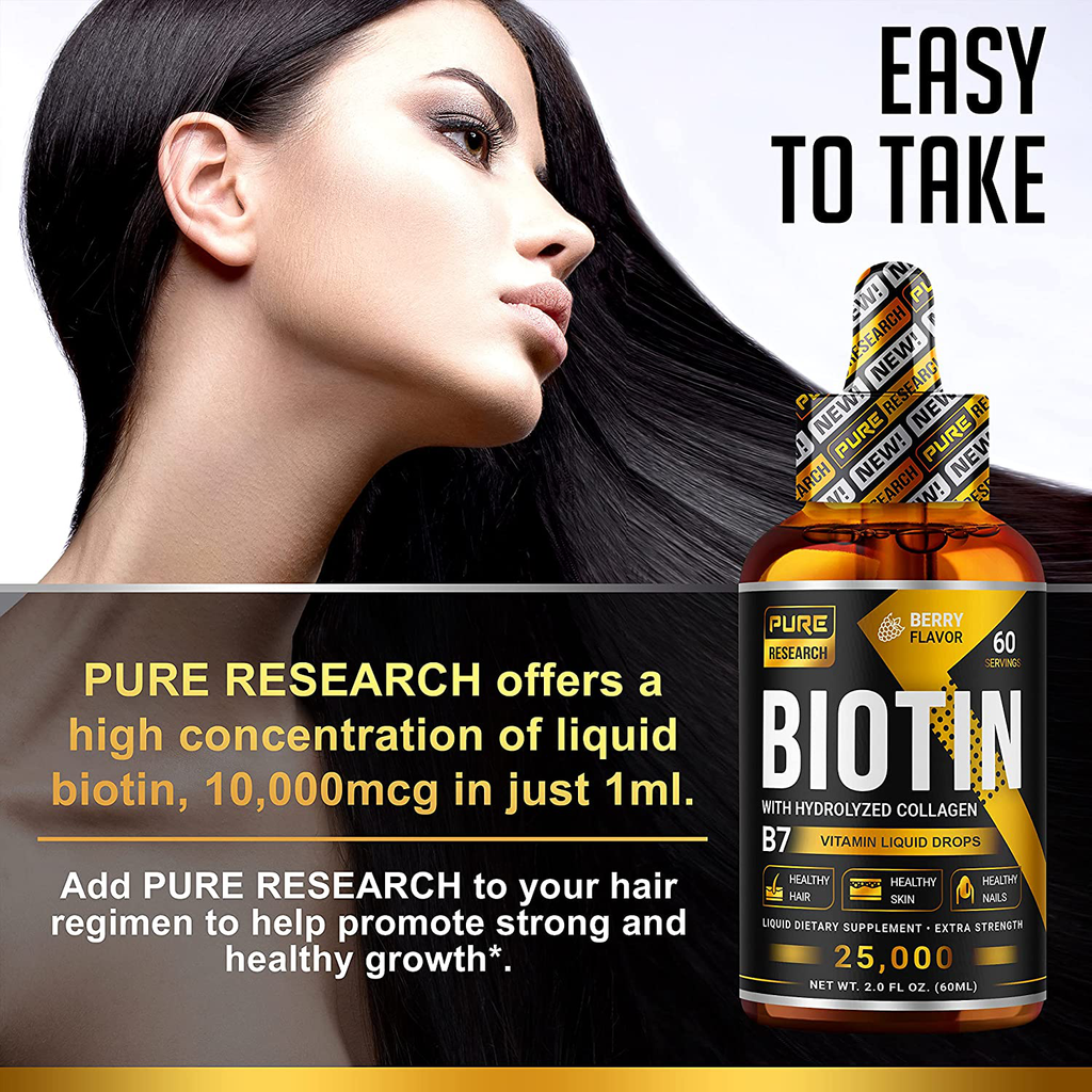 Biotin & Collagen Drops 25,000Mcg for Hair Growth Support. Liquid Biotin Supplement for Best Absorption. Strong Nails, Glowing Skin, Healthy Hair Growth for Men & Women