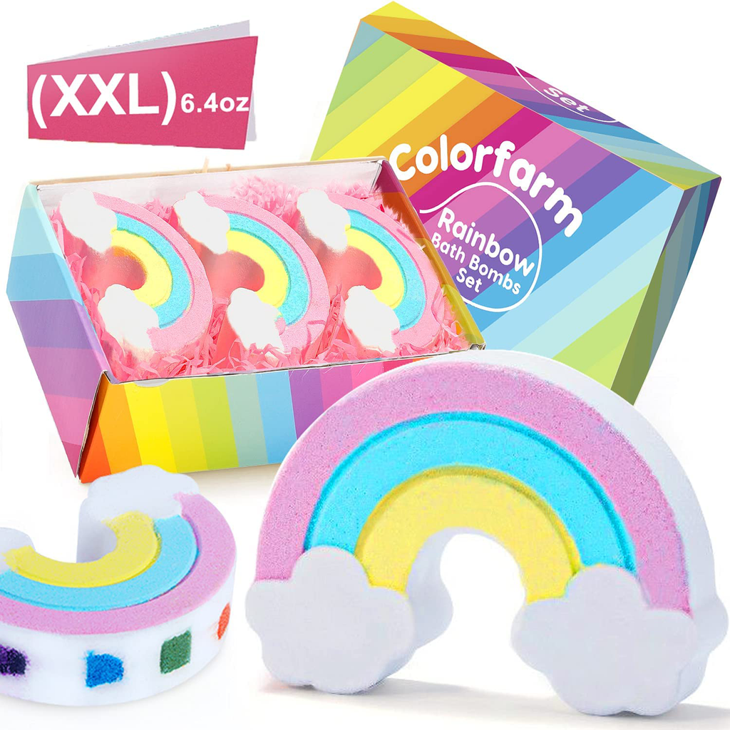 Real Rainbow Bath Bomb Set-Colorfarm 3Pcs XXL Bath Bombs for Kids with Fizzy Rainbow Bubbles&Natural Ingredients for Girls,Women Kids Relaxing Bath Bombs Idea for Birthday Gift